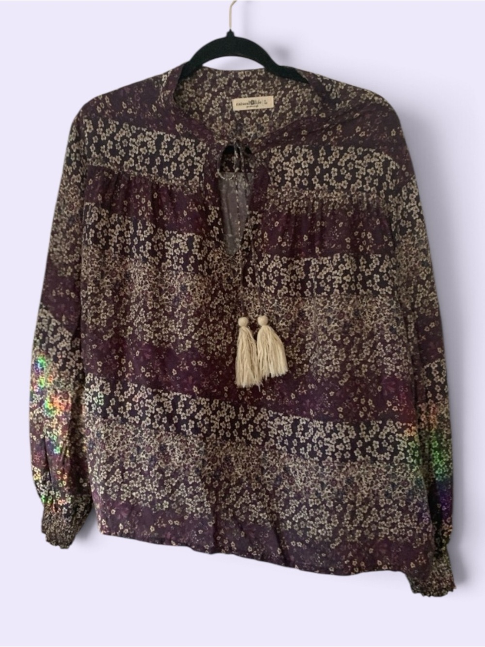 NATURAL LIFE Purple Floral Tassel Peasant Blouse
